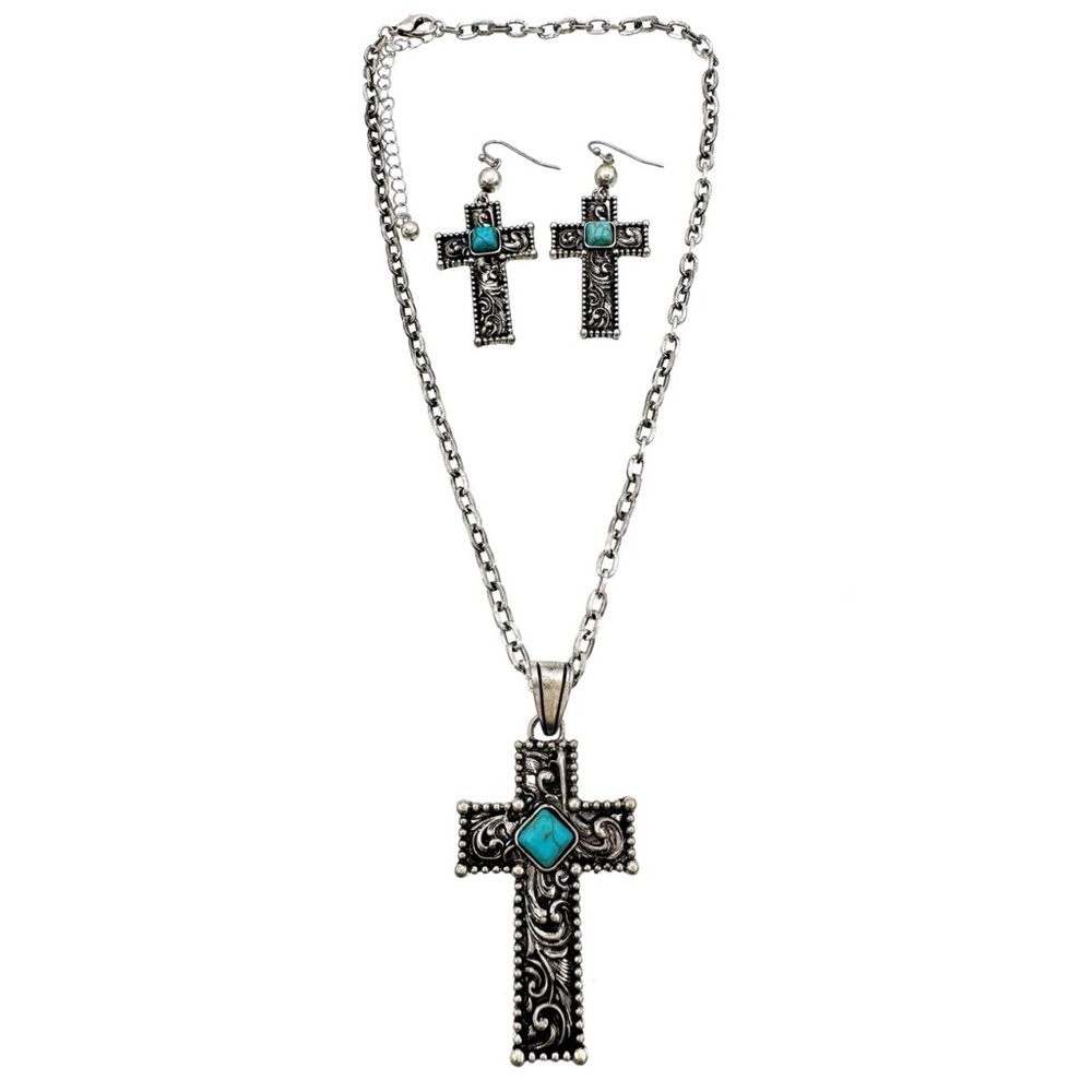 Silver and Turquoise Cross Necklace and Earring Set